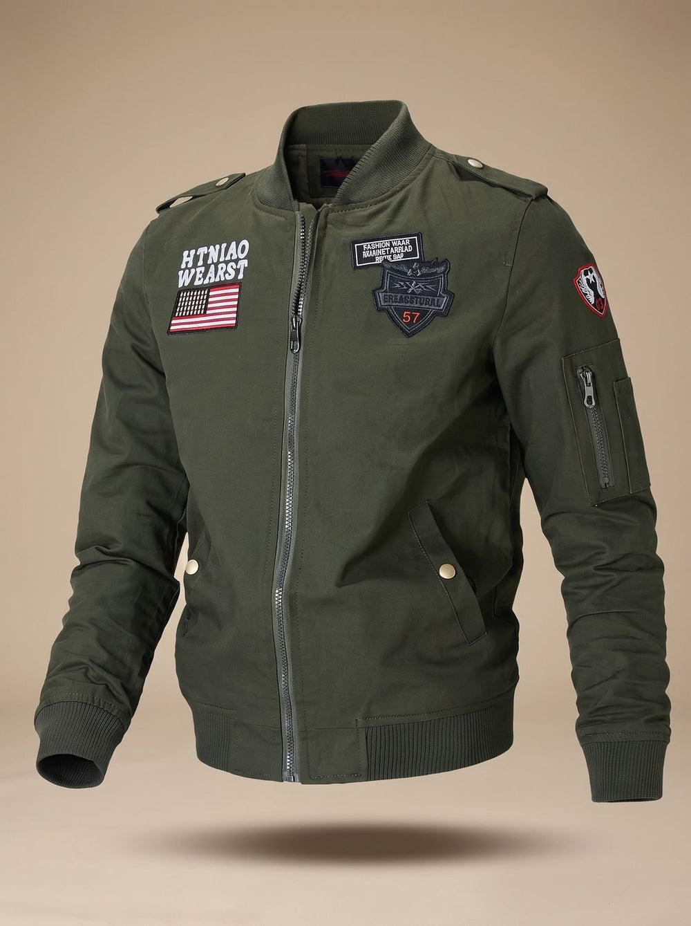 Men's Military Patch Zip-Up Bomber Jacket