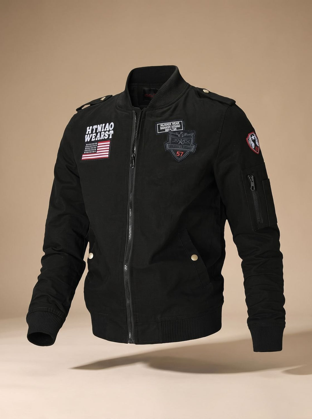 Men's Military Patch Zip-Up Bomber Jacket