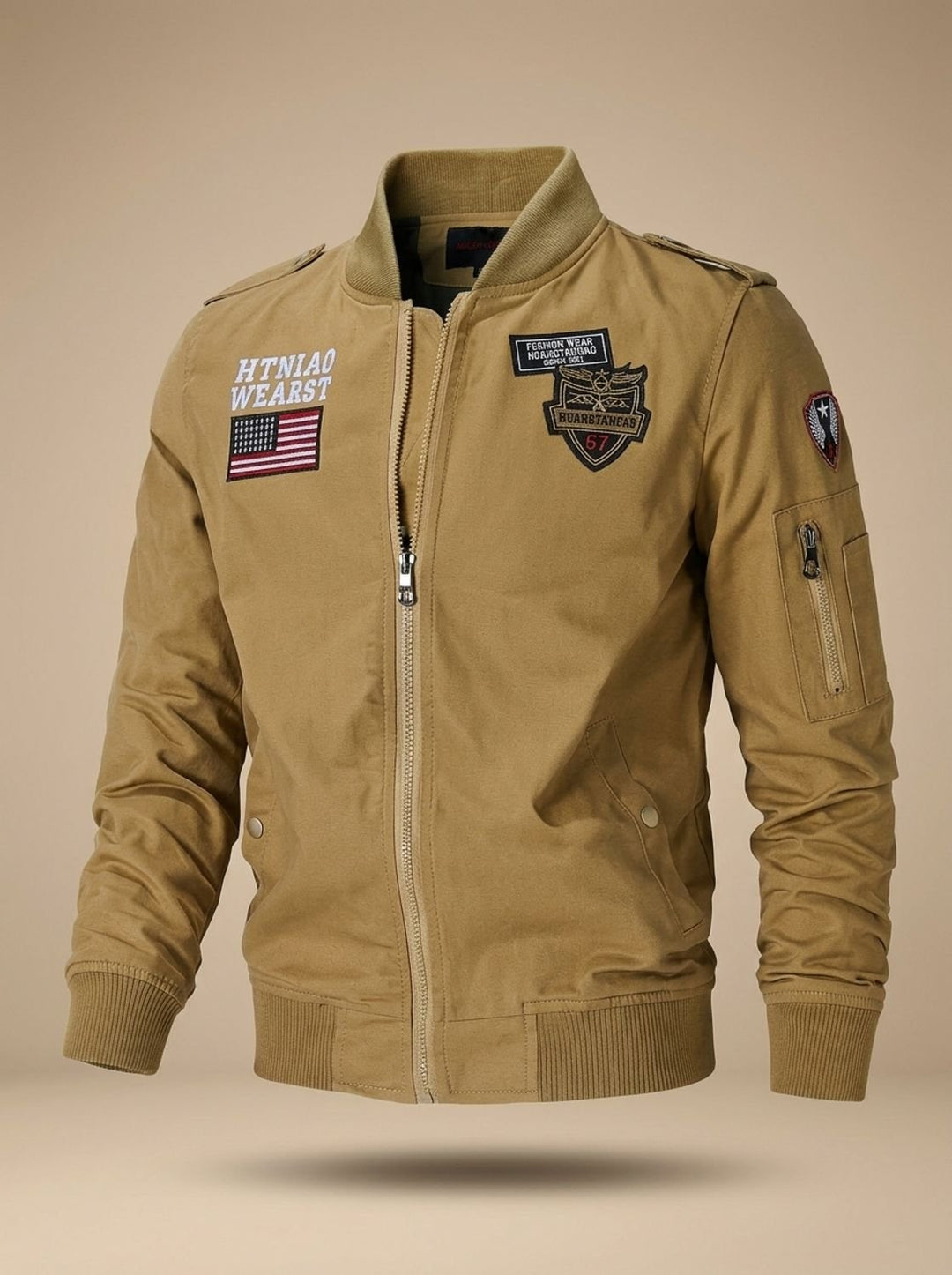 Men's Military Patch Zip-Up Bomber Jacket