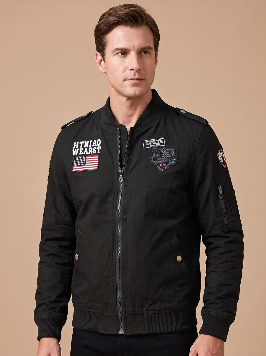 Men's Military Patch Zip-Up Bomber Jacket - Black