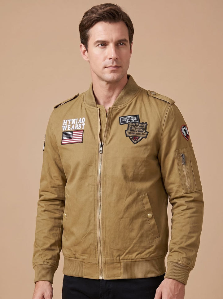 Men's Military Patch Zip-Up Bomber Jacket - Dark Khaki