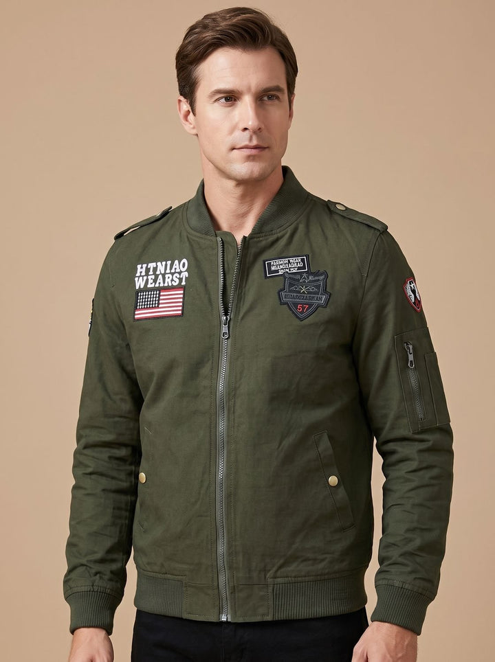 Men's Military Patch Zip-Up Bomber Jacket - Dark Green