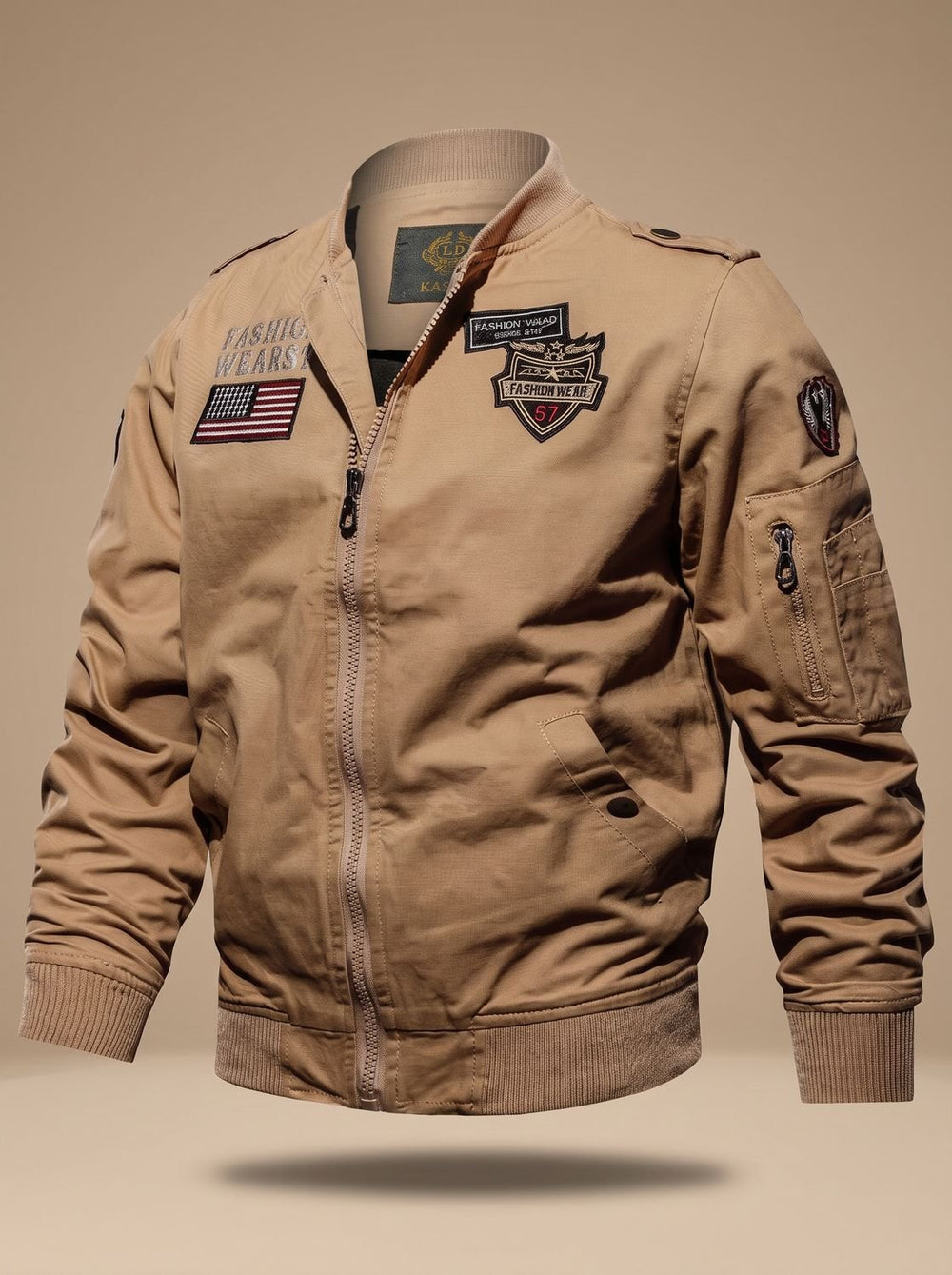 Men's Military Patch Zip-Up Bomber Jacket Ribbed Cuffs - Khaki