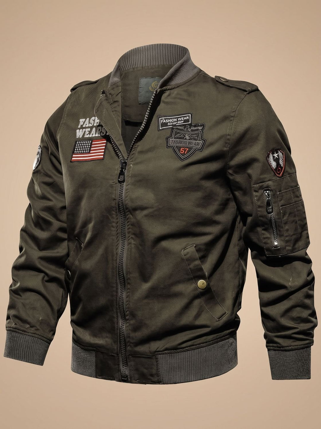 Men's Military Patch Zip-Up Bomber Jacket Ribbed Cuffs - Green