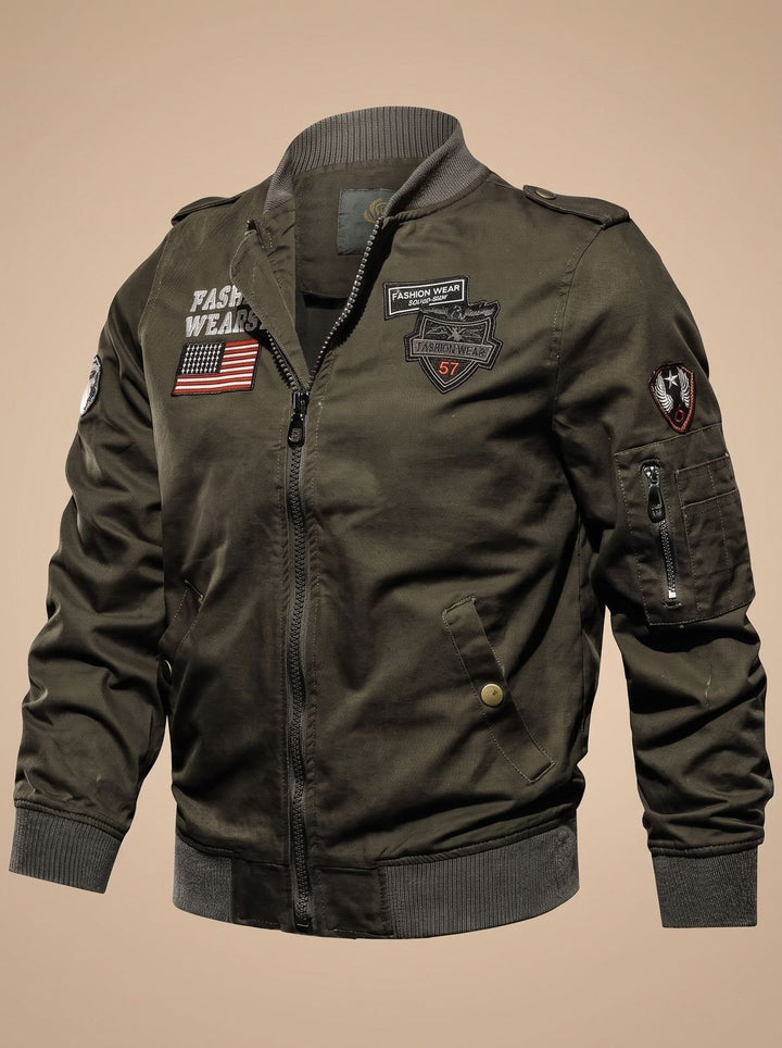 Men's Military Patch Zip-Up Bomber Jacket Ribbed Cuffs - Green