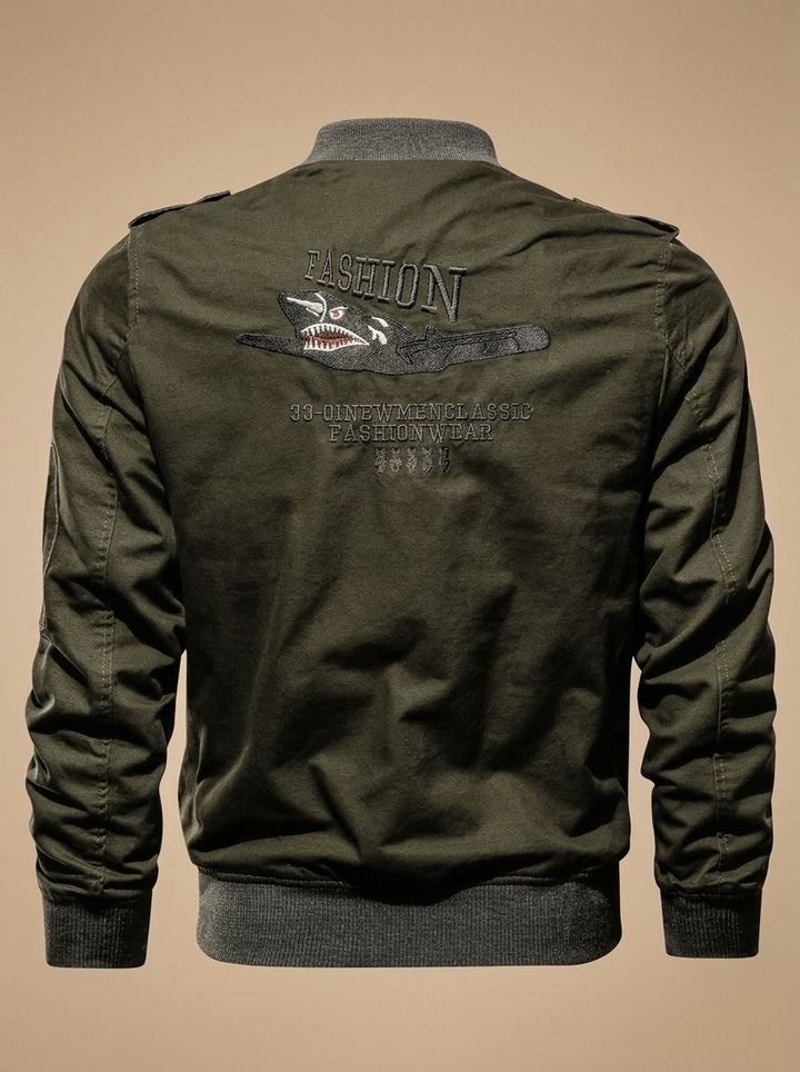 Men's Military Patch Zip-Up Bomber Jacket Ribbed Cuffs