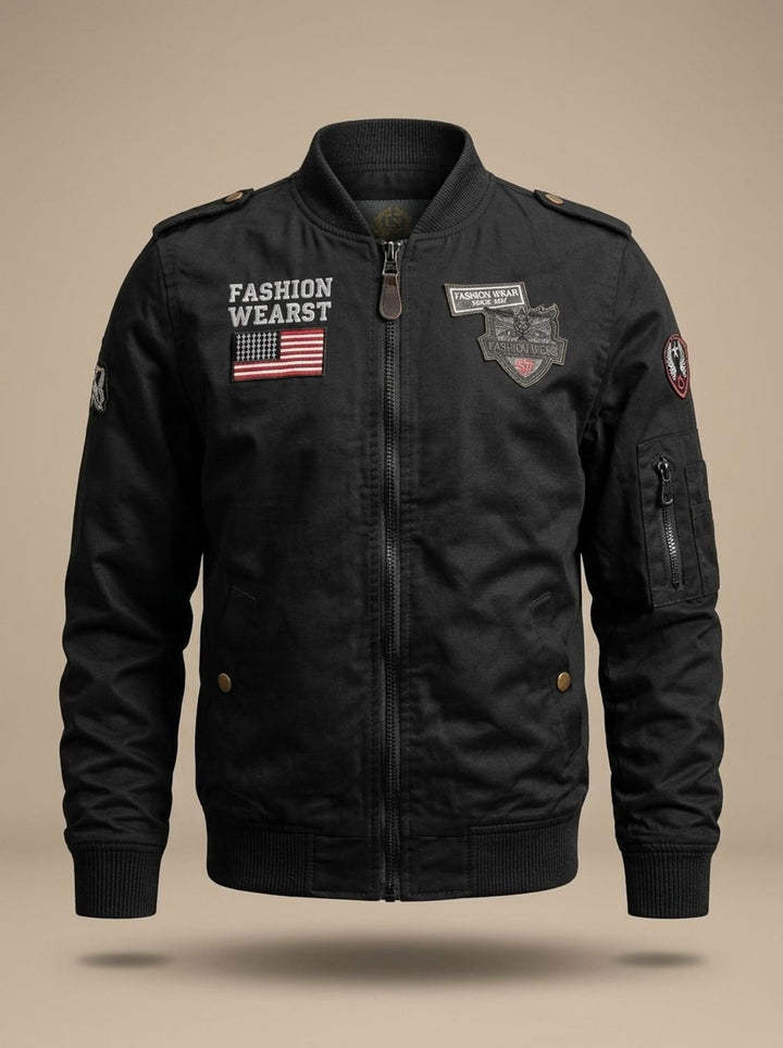 Men's Military Patch Zip-Up Bomber Jacket Ribbed Cuffs - Black