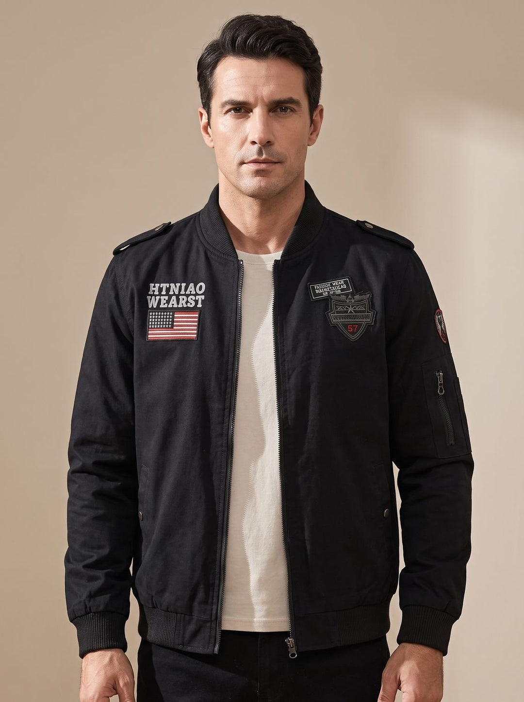 Men's Military Patch Zip-Up Bomber Jacket Ribbed Cuffs