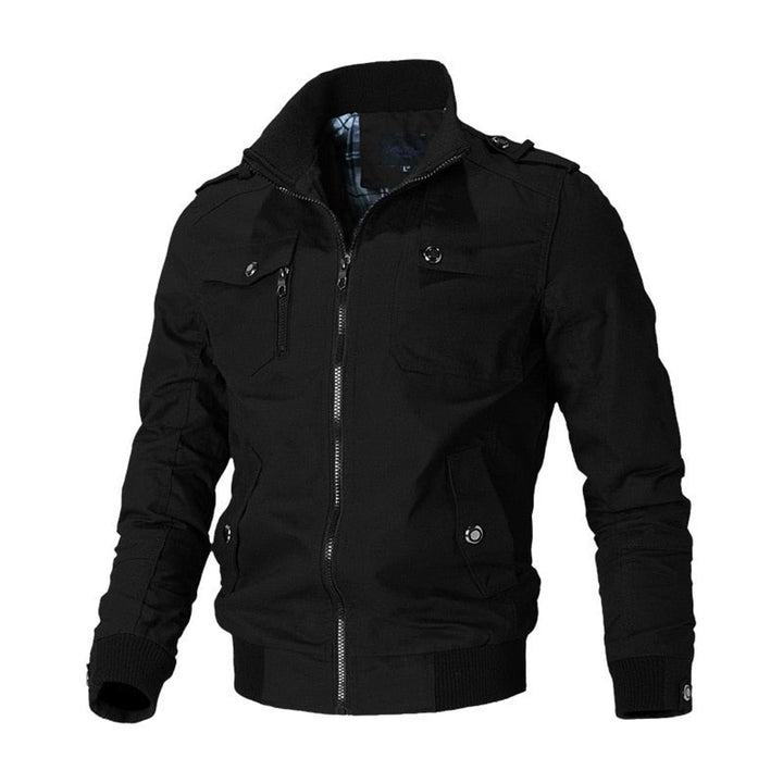 Men's Military-Style Zip-Up Bomber Jacket Ribbed Cuffs - Black