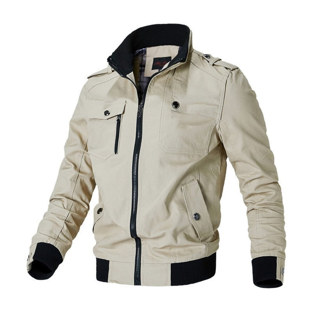 Men's Military-Style Zip-Up Bomber Jacket Ribbed Cuffs - Khaki