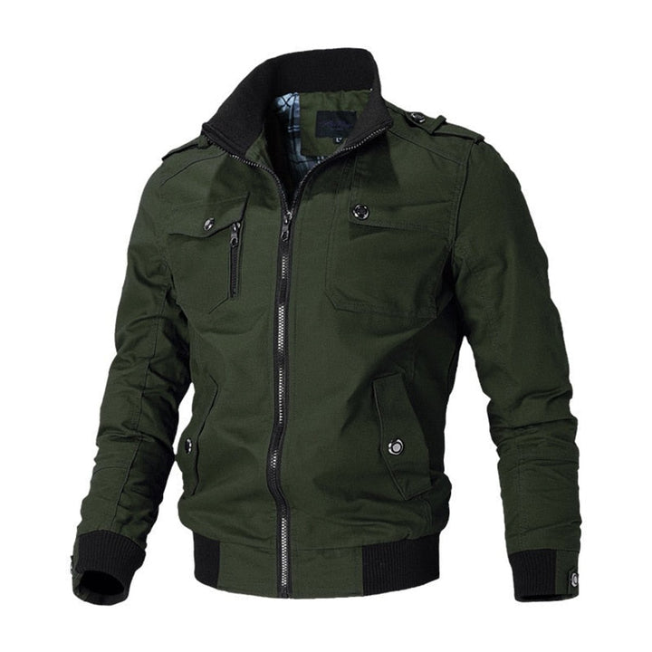 Men's Military-Style Zip-Up Bomber Jacket Ribbed Cuffs - Green