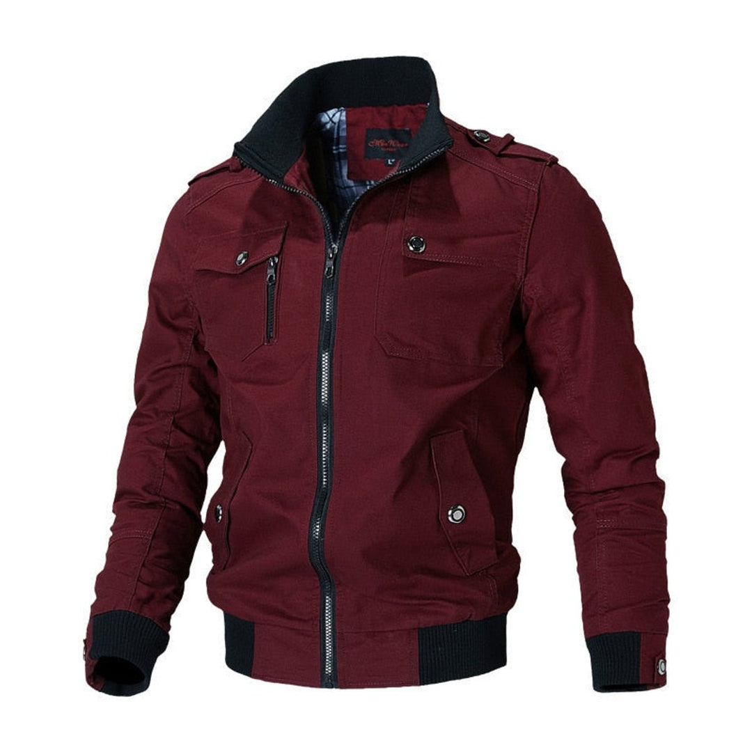 Men's Military-Style Zip-Up Bomber Jacket Ribbed Cuffs - Red