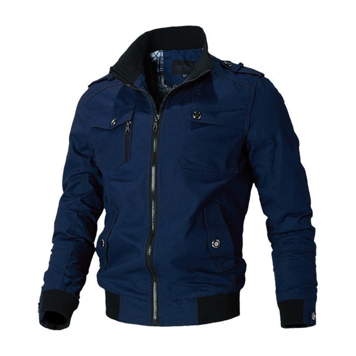 Men's Military-Style Zip-Up Bomber Jacket Ribbed Cuffs - Blue