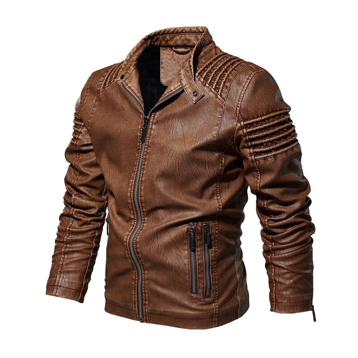 Men's Moto-Style Zip-Up Faux Leather Jacket Structured Shoulders