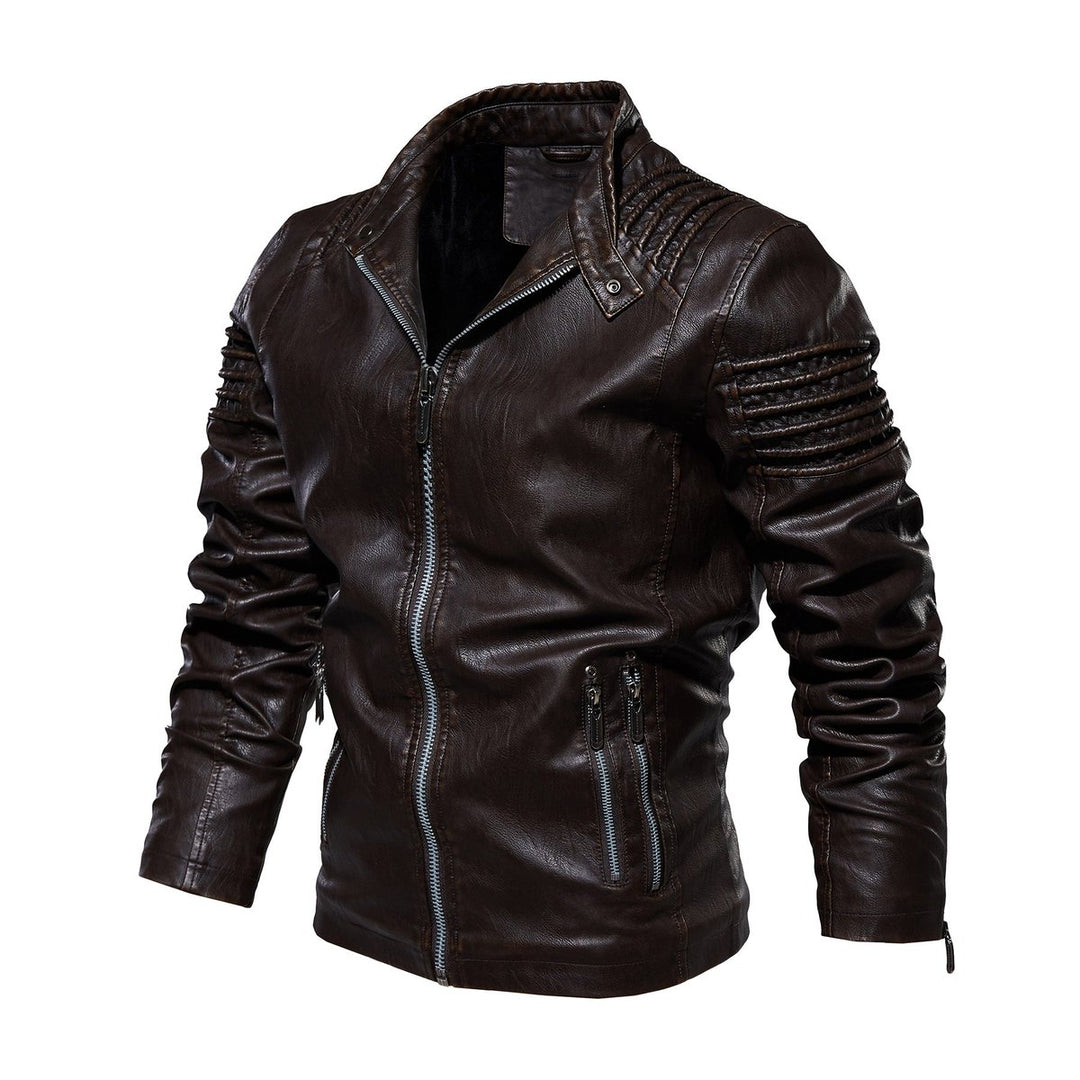 Men's Moto-Style Zip-Up Faux Leather Jacket Structured Shoulders