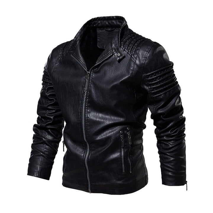 Men's Moto-Style Zip-Up Faux Leather Jacket Structured Shoulders - Black