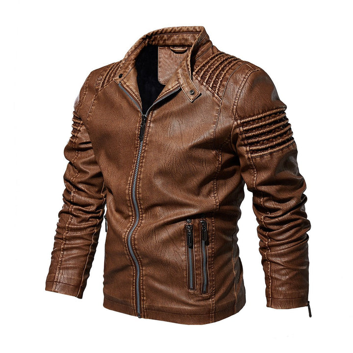 Men's Moto-Style Zip-Up Faux Leather Jacket Structured Shoulders - Khaki