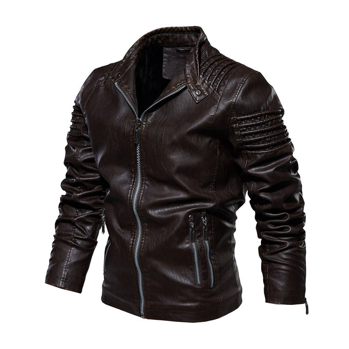 Men's Moto-Style Zip-Up Faux Leather Jacket Structured Shoulders - Brown