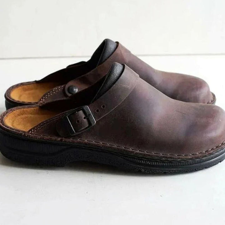 Men's Orthopedic Leather Buckle Slip-On Clogs - Brown