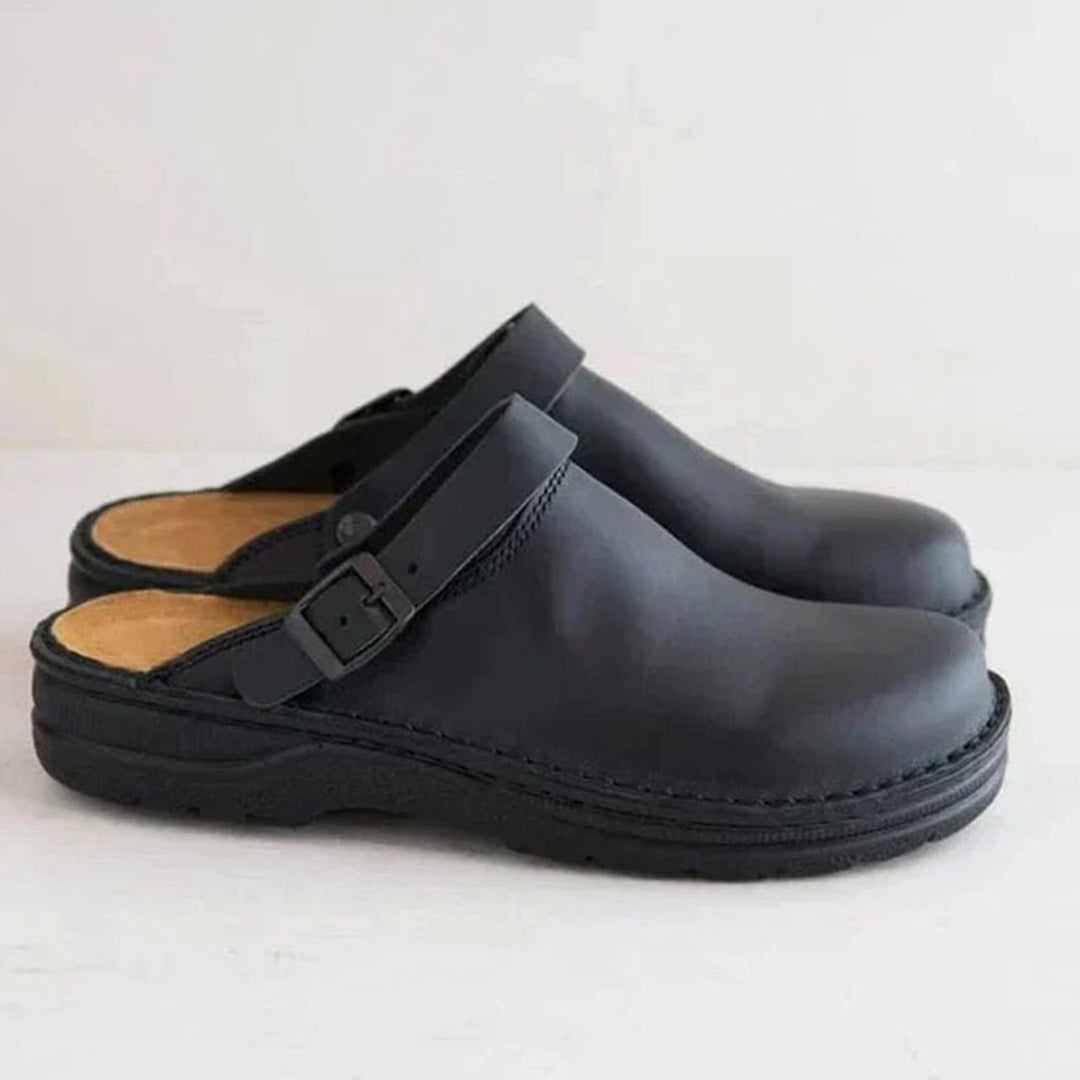 Men's Orthopedic Leather Buckle Slip-On Clogs - Black