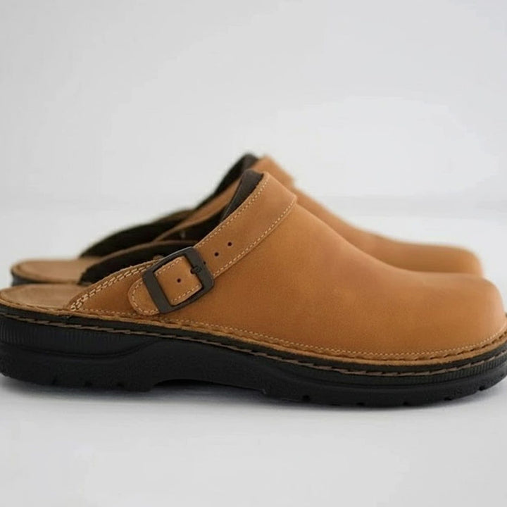 Men's Orthopedic Leather Buckle Slip-On Clogs - Coffee