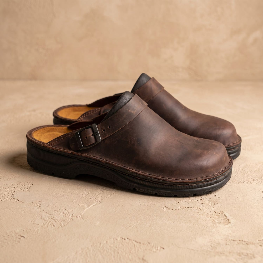 Men's Orthopedic Leather Buckle-Strap Slip-On Clogs - Brown