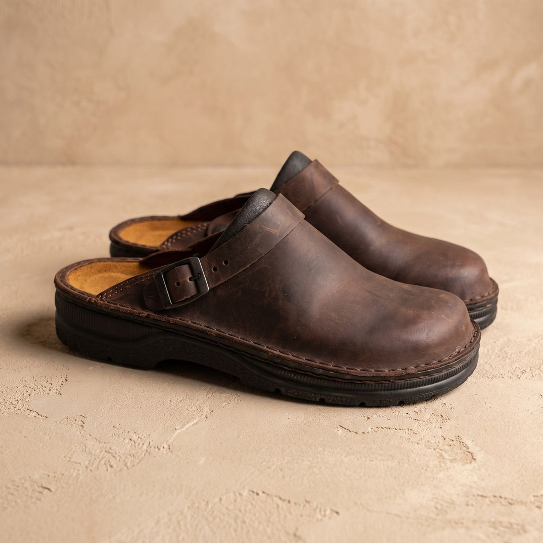Men's Orthopedic Leather Buckle-Strap Slip-On Clogs - Brown