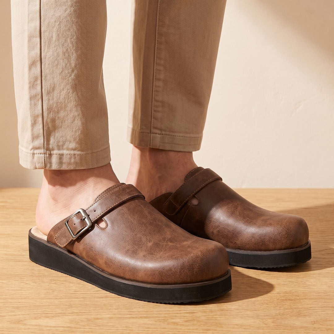 Men's Orthopedic Leather Buckle-Strap Slip-On Clogs