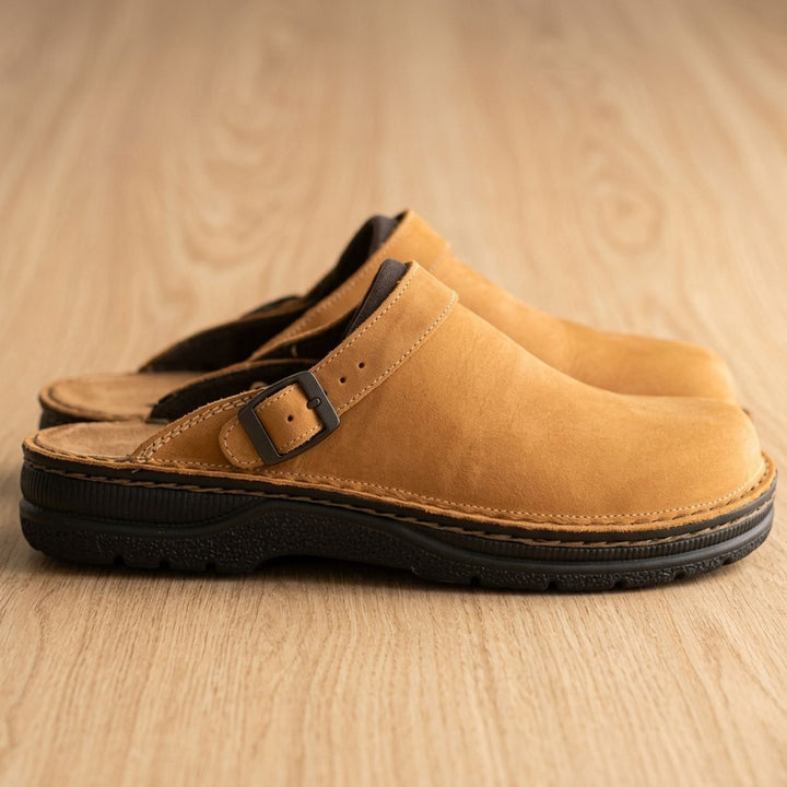 Men's Orthopedic Leather Buckle-Strap Slip-On Clogs - Khaki