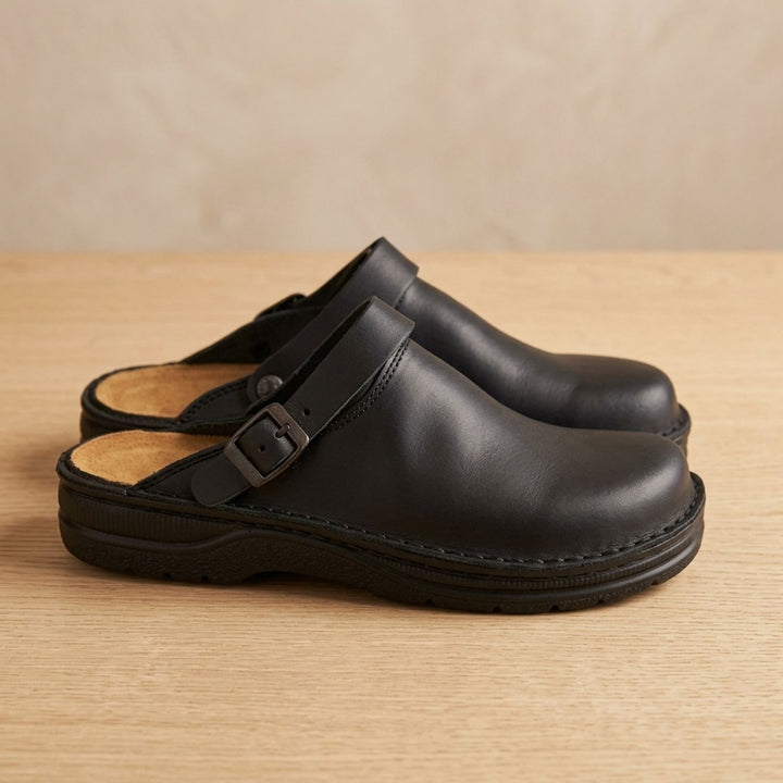 Men's Orthopedic Leather Buckle-Strap Slip-On Clogs - Black