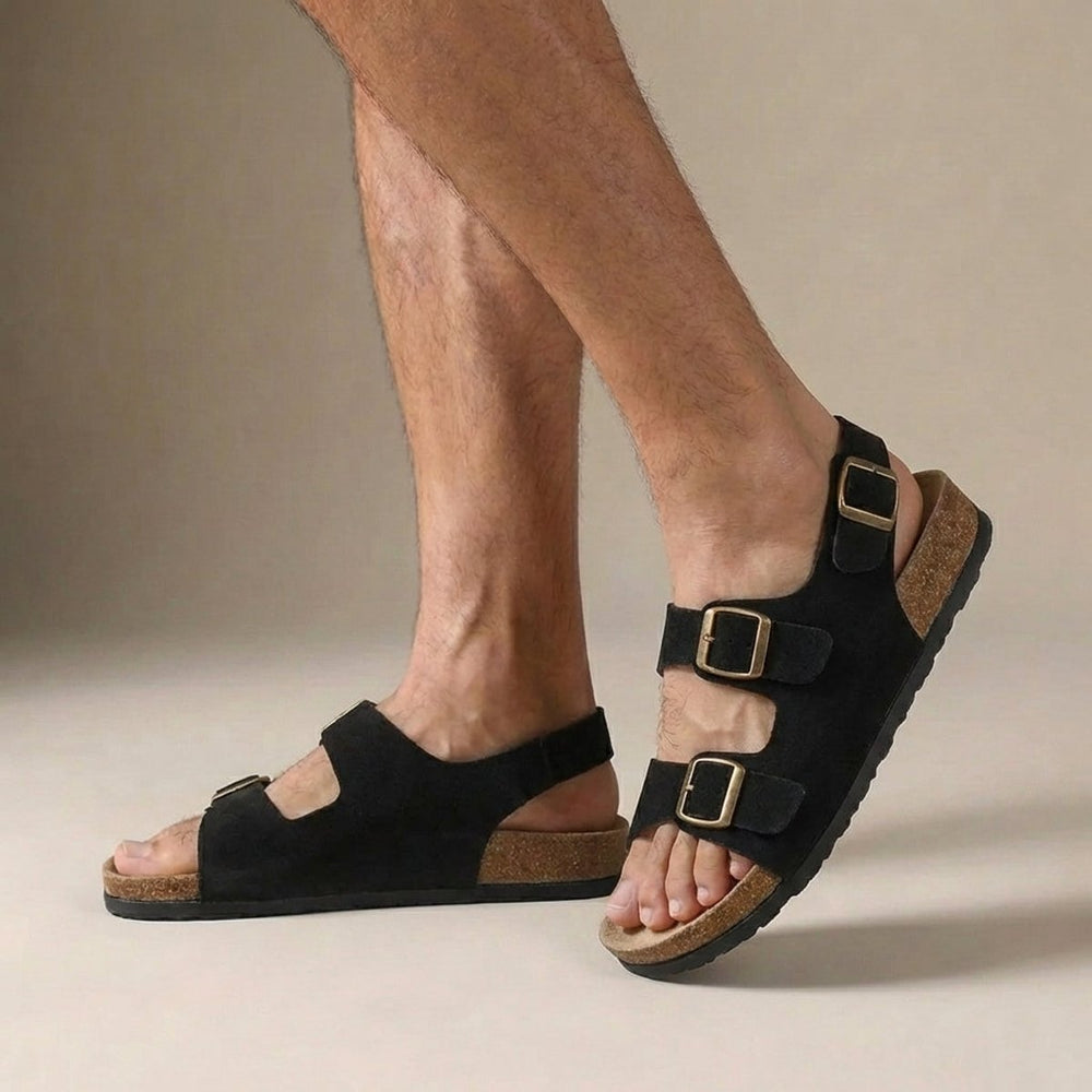 Men's Orthopedic Sandals Cork Sole Adjustable Buckle - Black
