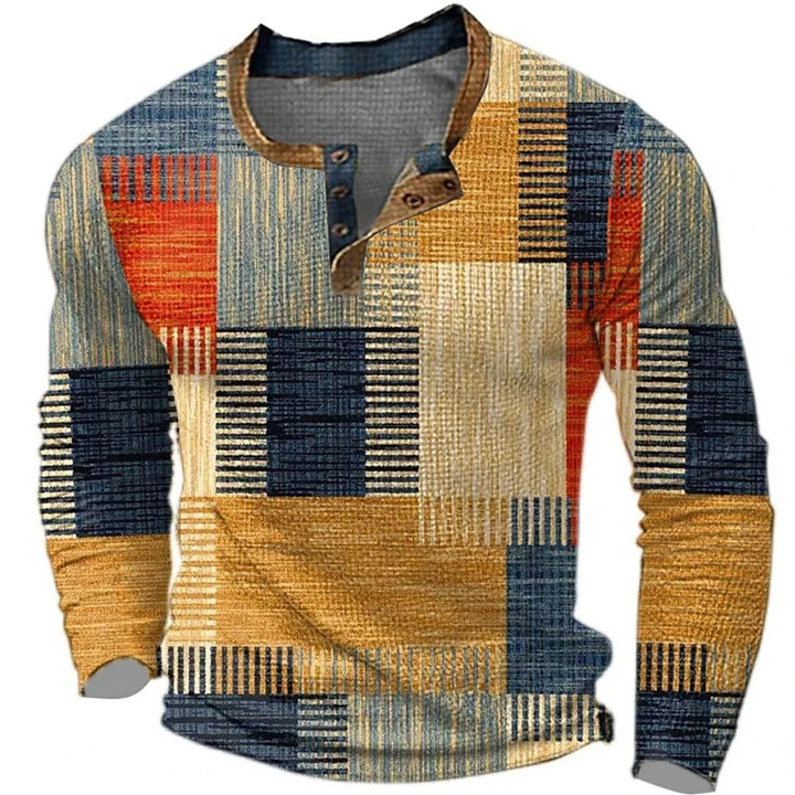 Men's Patchwork Colorblock Henley Long Sleeve Shirt - Brown