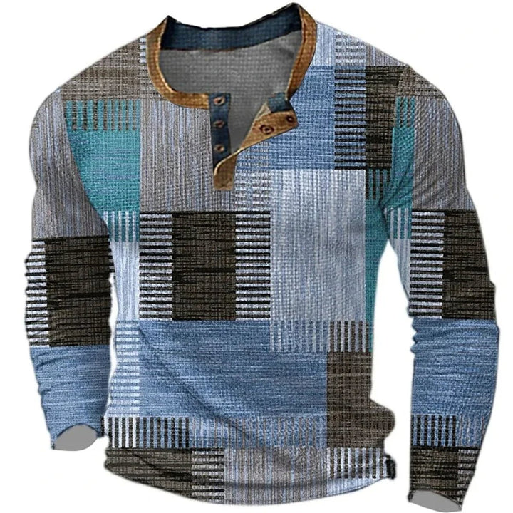 Men's Patchwork Colorblock Henley Long Sleeve Shirt - Blue