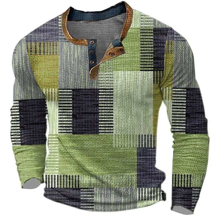 Men's Patchwork Colorblock Henley Long Sleeve Shirt - Green