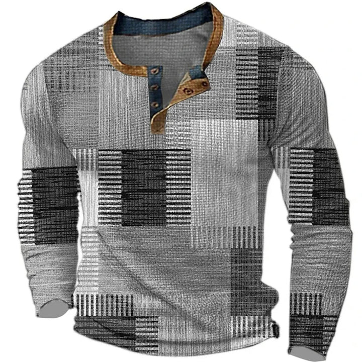 Men's Patchwork Colorblock Henley Long Sleeve Shirt - Gray