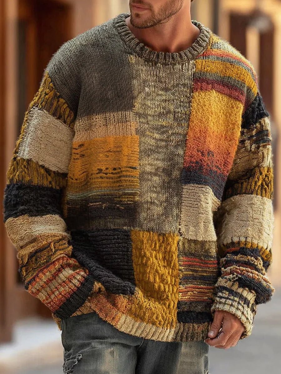 Men's Patchwork Colorblock Long Sleeve Knit Sweater - Patchwork Colorblock
