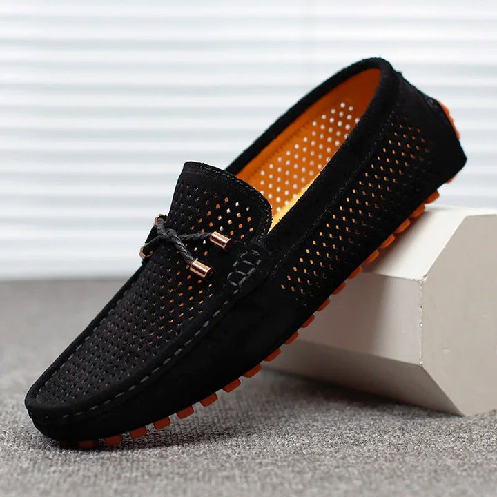 Men's Perforated Suede Slip-On Breathable Driving Loafers - Black