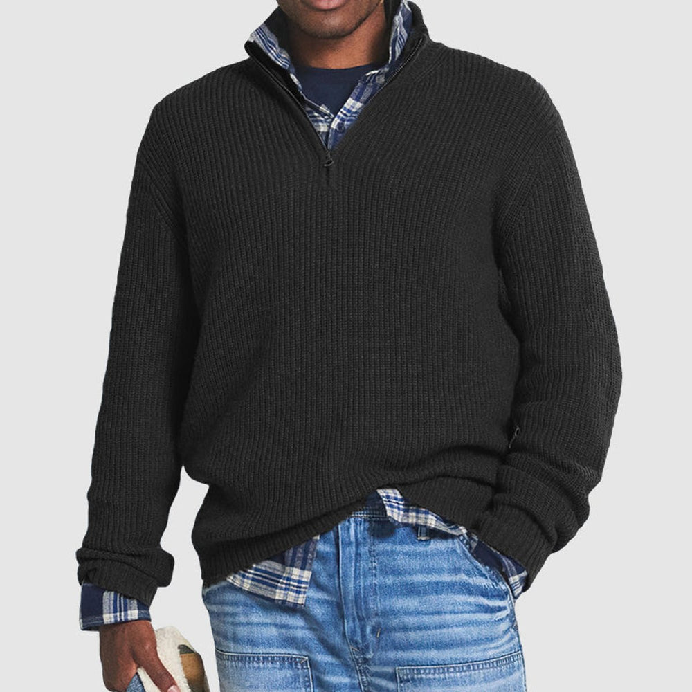 Men's Quarter-Zip Ribbed Knit Sweater Pullover - Black