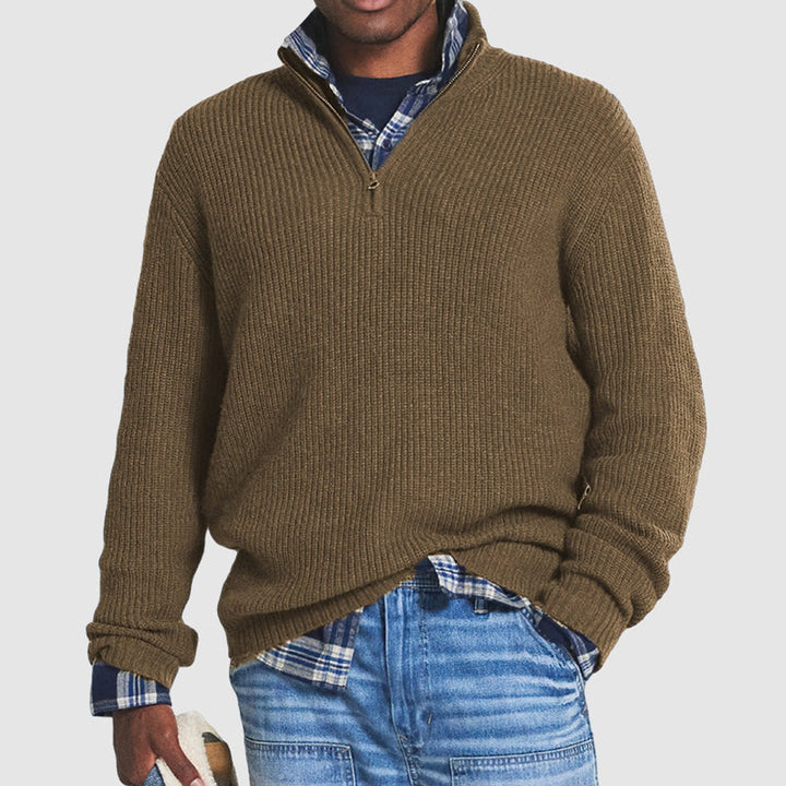 Men's Quarter-Zip Ribbed Knit Sweater Pullover - Brown
