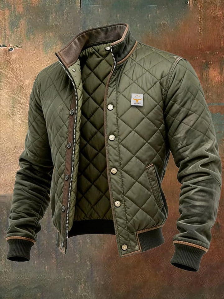 Men's Quilted Bomber Jacket Stand Collar Snap Button Insulated Coat - Green
