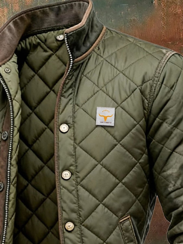 Men's Quilted Bomber Jacket Stand Collar Snap Button Insulated Coat