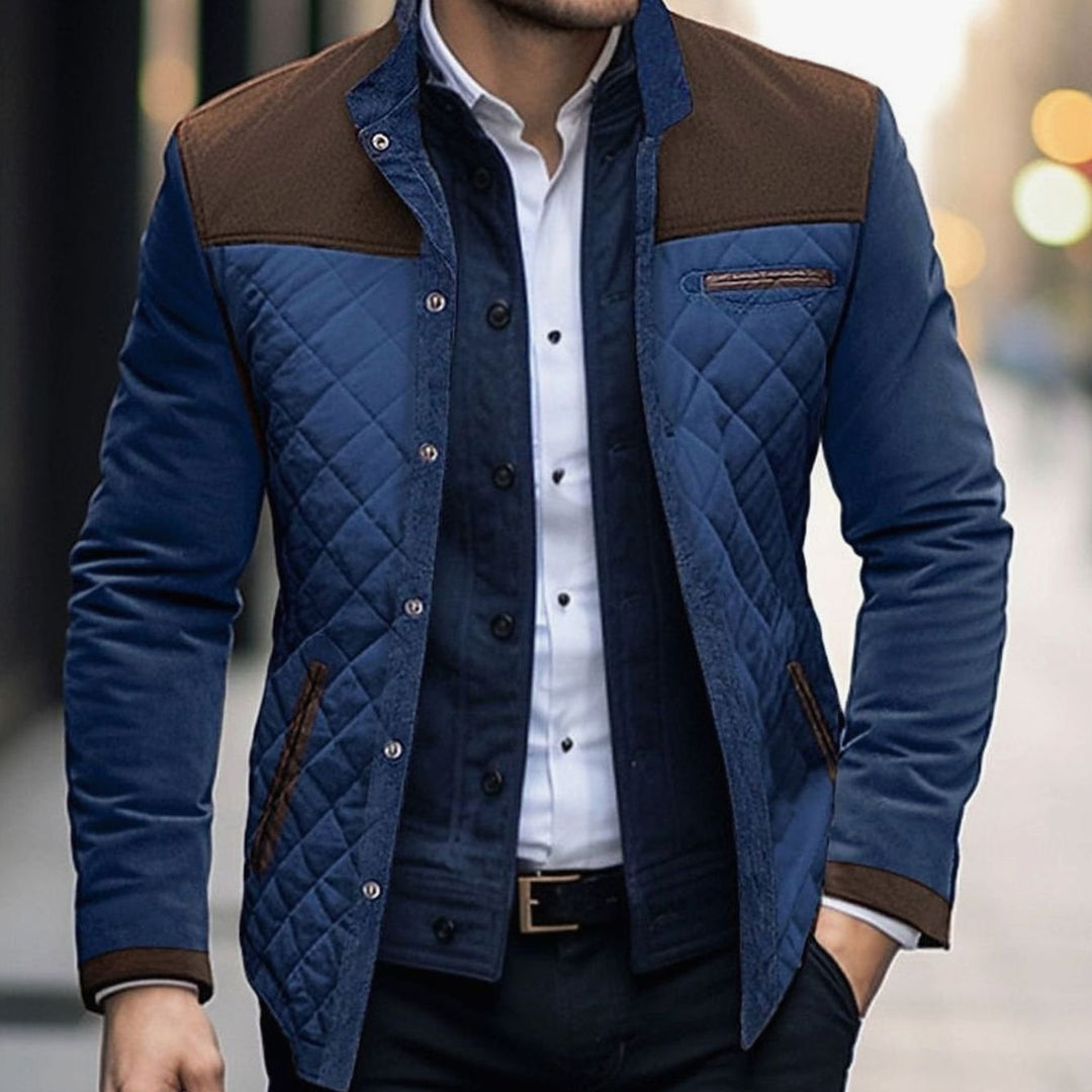 Men's Quilted Color Block Stand-Collar Snap-Button Jacket - Brown