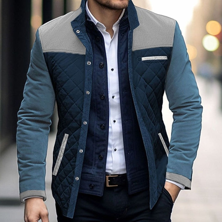 Men's Quilted Color Block Stand-Collar Snap-Button Jacket - Khaki