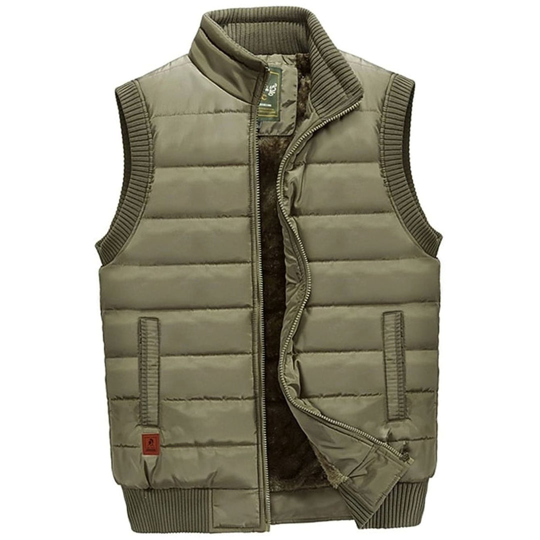 Men's Quilted Fleece-Lined Stand-Collar Puffer Vest - Khaki