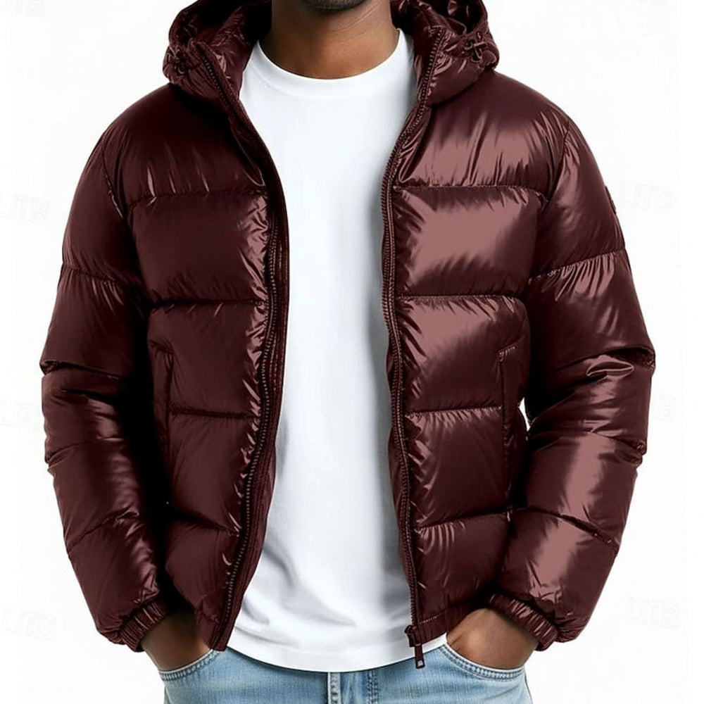 Men's Quilted Hooded Coated Puffer Jacket - Wine