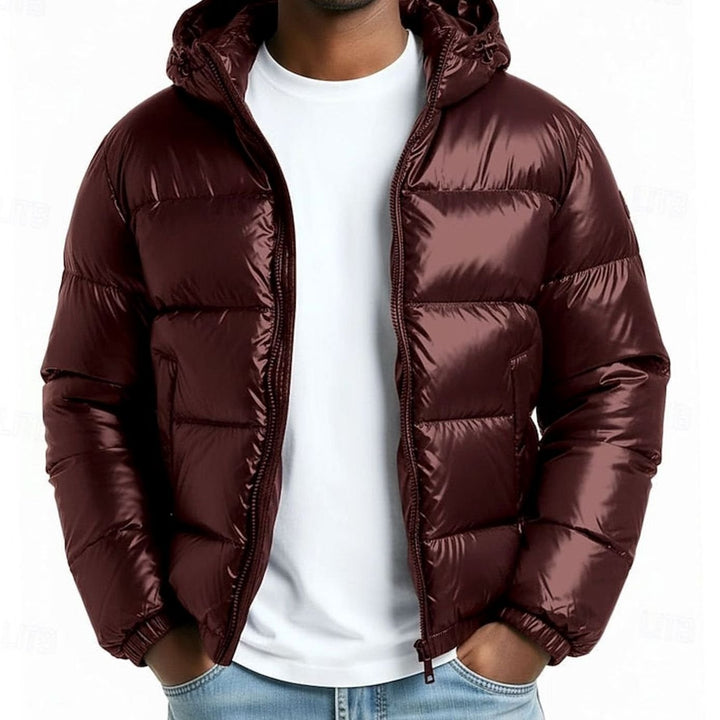 Men's Quilted Hooded Coated Puffer Jacket - Wine