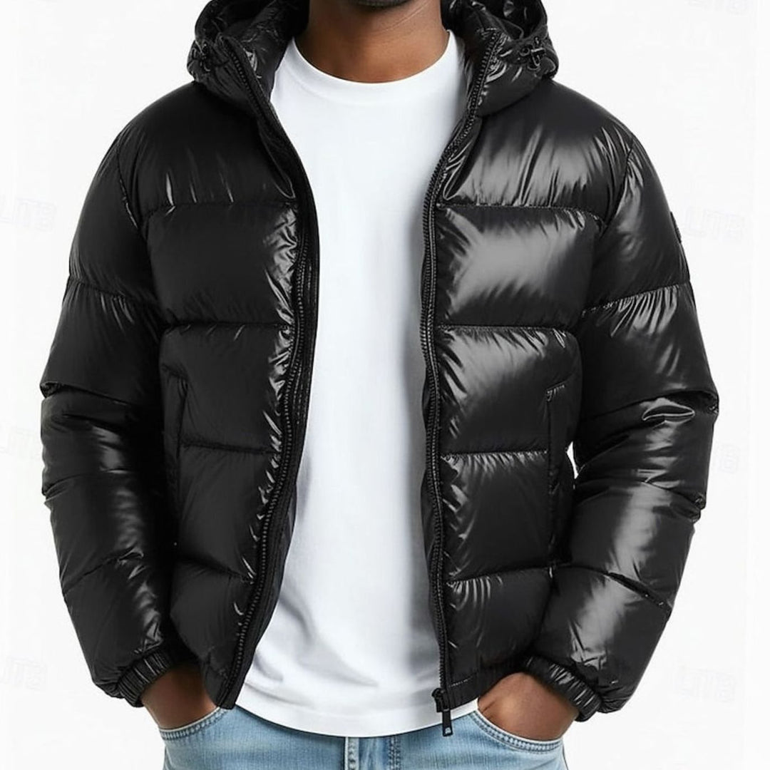 Men's Quilted Hooded Coated Puffer Jacket - Black