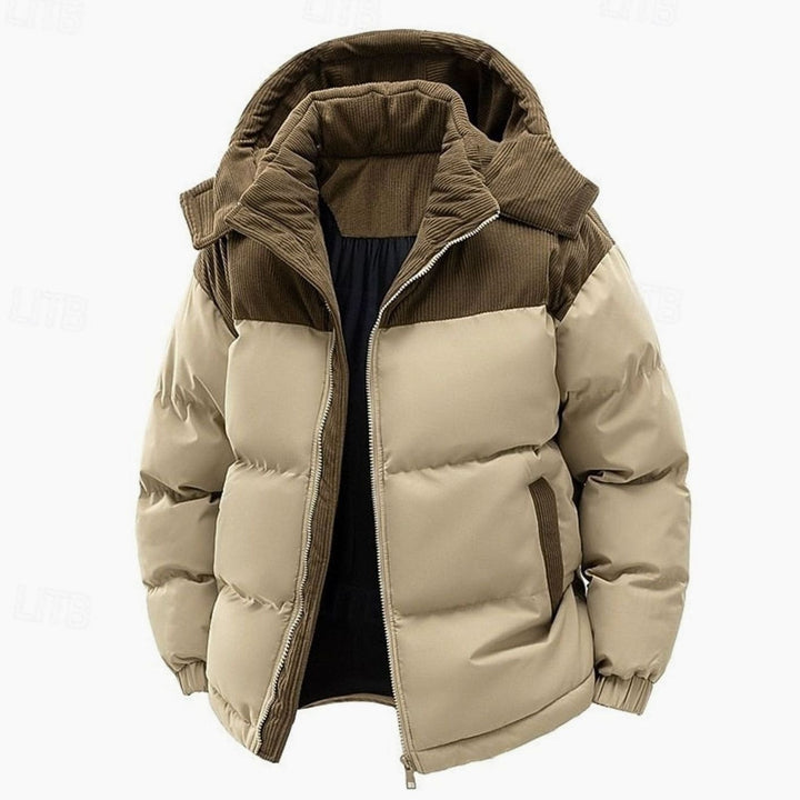 Men's Quilted Hooded Two-Tone Corduroy Puffer Jacket - Khaki