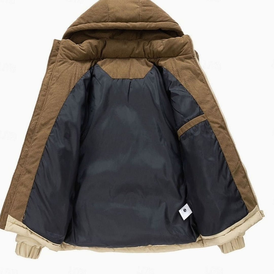 Men's Quilted Hooded Two-Tone Corduroy Puffer Jacket