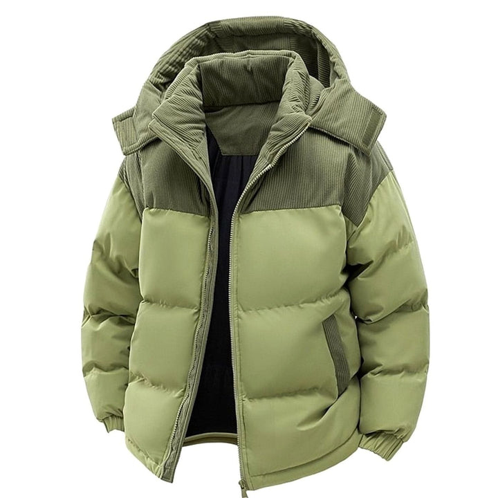 Men's Quilted Hooded Two-Tone Corduroy Puffer Jacket - Green
